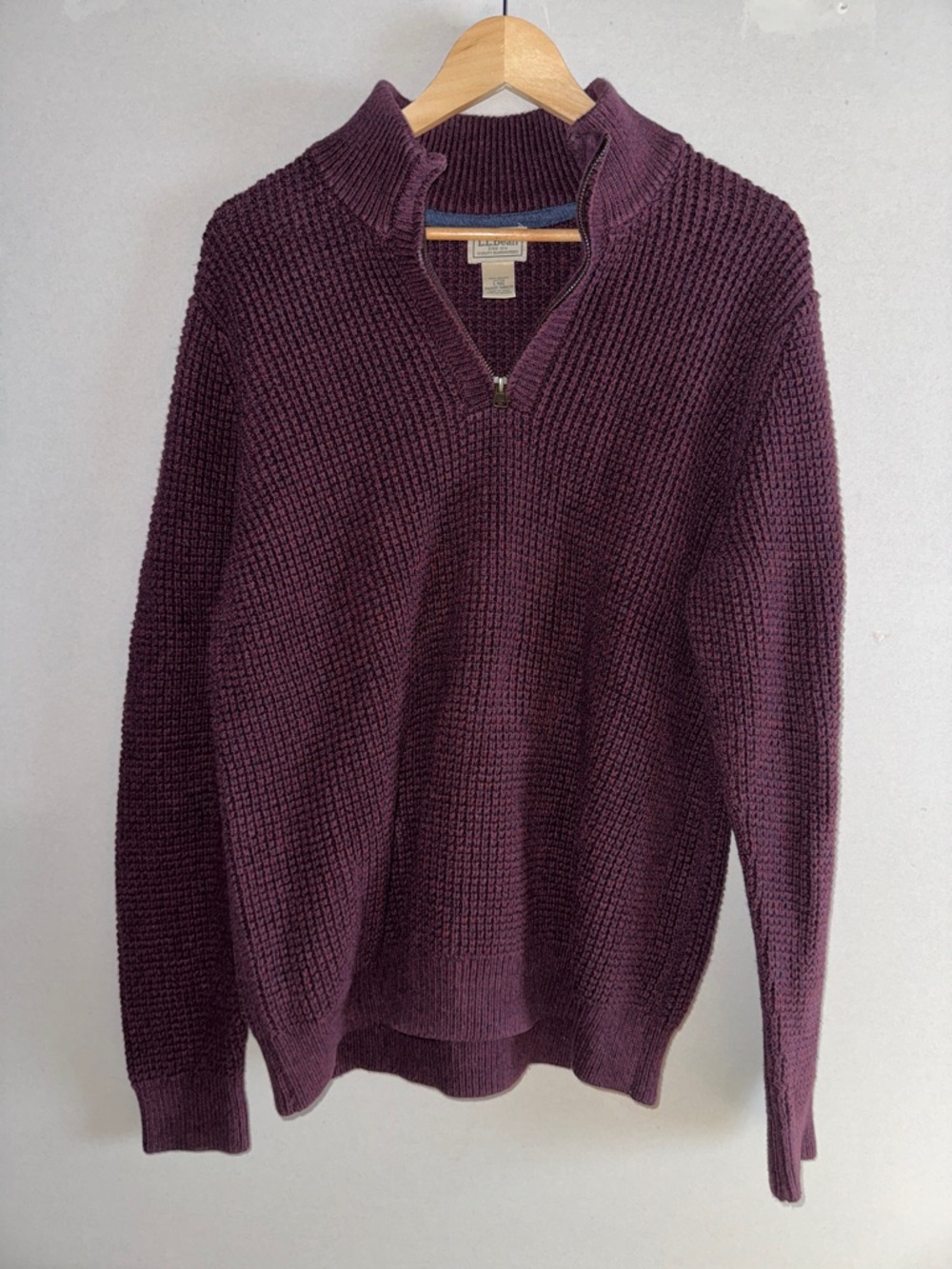 LL Bean Men's Organic Cotton Heavy Waffle Cable Knit KSweater Quarter Zip size L